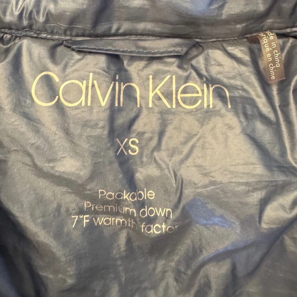 Calvin Klein Womens XS Metallic Blue Packable Premium Down Hooded Puffer Jacket